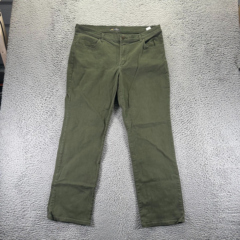 Lee Pant Women 16 Green Cotton Chino Straight Leg Relaxed Mid-Rise Preppy Career
